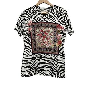 Johnny Was Black and White Zebra Print Short Sleeve Tee with Floral Medallion